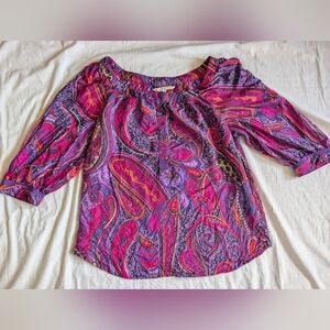 Trina Turk 100% Silk 3/4 Sleeve Peasant Blouse Size Large Paisley